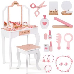 WOOPIE GREEN Drevený toaletný stolík s taburetkou | Veľký set s kozmetikou a zrkadlom