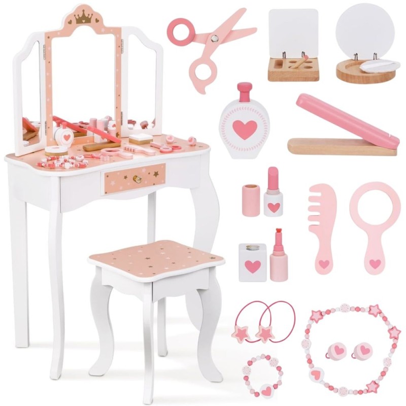 WOOPIE GREEN Drevený toaletný stolík s taburetkou | Veľký set s kozmetikou a zrkadlom