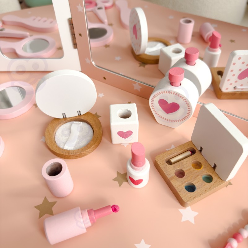 WOOPIE GREEN Drevený toaletný stolík s taburetkou | Veľký set s kozmetikou a zrkadlom