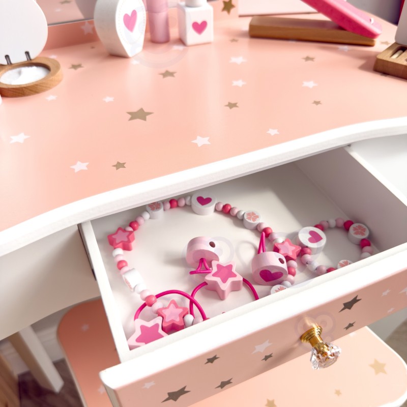 WOOPIE GREEN Drevený toaletný stolík s taburetkou | Veľký set s kozmetikou a zrkadlom