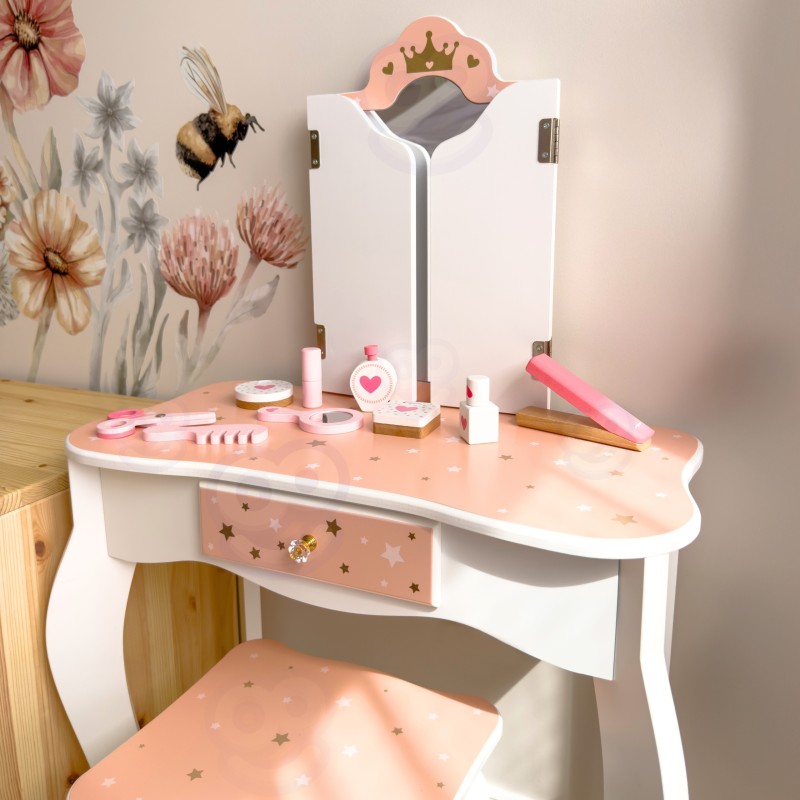 WOOPIE GREEN Drevený toaletný stolík s taburetkou | Veľký set s kozmetikou a zrkadlom