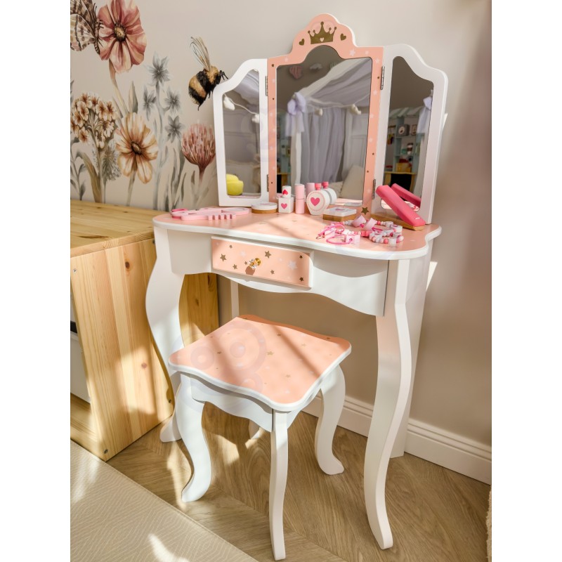 WOOPIE GREEN Drevený toaletný stolík s taburetkou | Veľký set s kozmetikou a zrkadlom