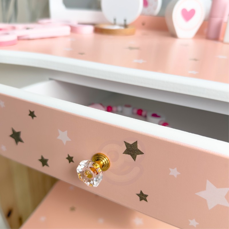 WOOPIE GREEN Drevený toaletný stolík s taburetkou | Veľký set s kozmetikou a zrkadlom