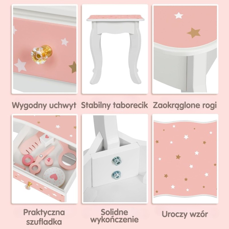 WOOPIE GREEN Drevený toaletný stolík s taburetkou | Veľký set s kozmetikou a zrkadlom