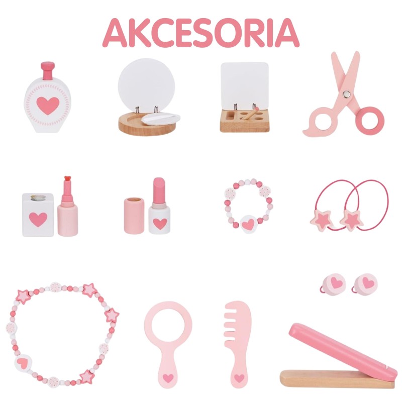 WOOPIE GREEN Drevený toaletný stolík s taburetkou | Veľký set s kozmetikou a zrkadlom