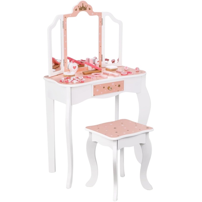 WOOPIE GREEN Drevený toaletný stolík s taburetkou | Veľký set s kozmetikou a zrkadlom