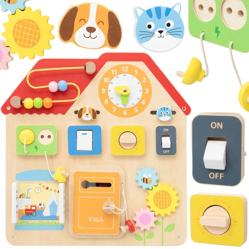 Viga Drevená manipulačná tabuľa Domček | Edukačná hračka na stenu (8 aktivít)