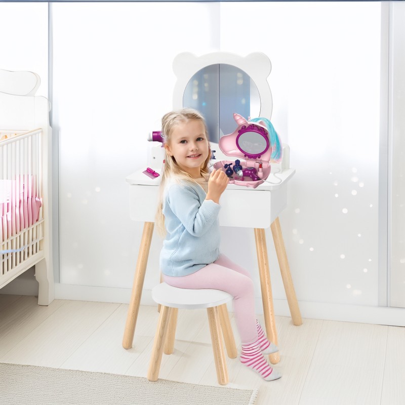 Viga Drevený toaletný stolík s taburetkou | Veľký set s funkčným fénom a taškou