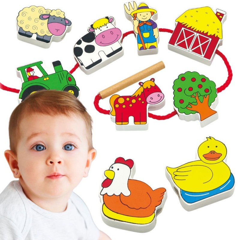 VIGA Drewniana Przeplatanka Klocki Farma do Nawlekania Montessori