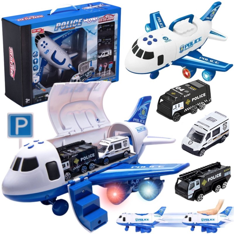 WOOPIE Samolot Rozkładany Transporter Policja z 3 Autami Policyjnymi Zestaw XL Znaki Drogowe