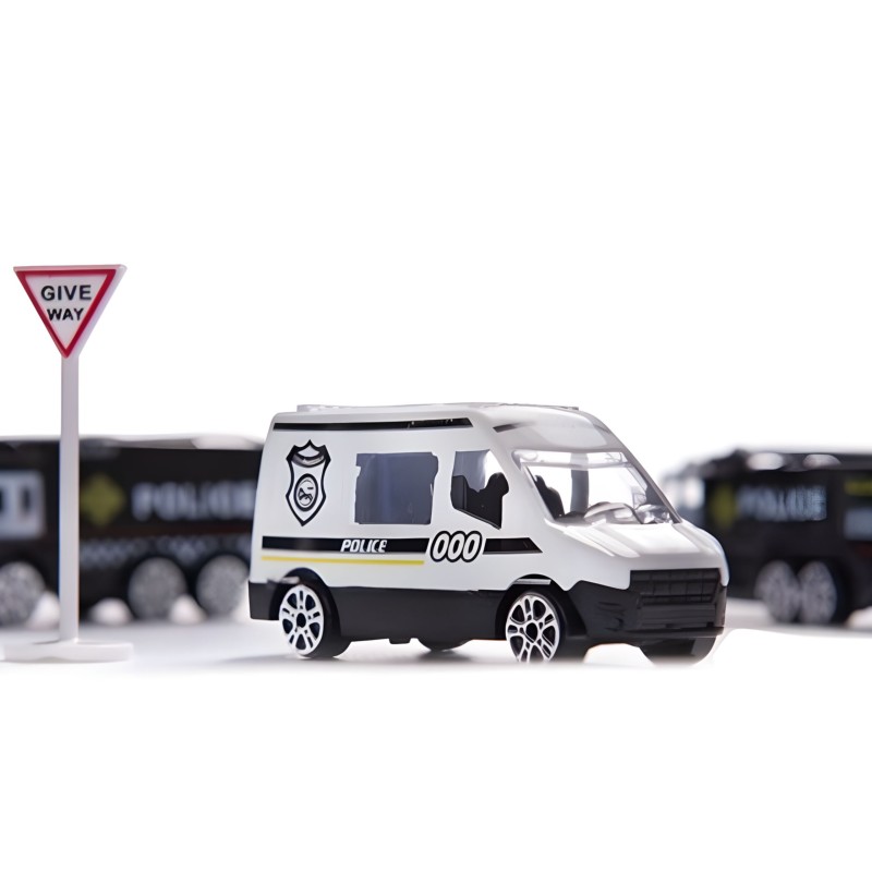 WOOPIE Samolot Rozkładany Transporter Policja z 3 Autami Policyjnymi Zestaw XL Znaki Drogowe