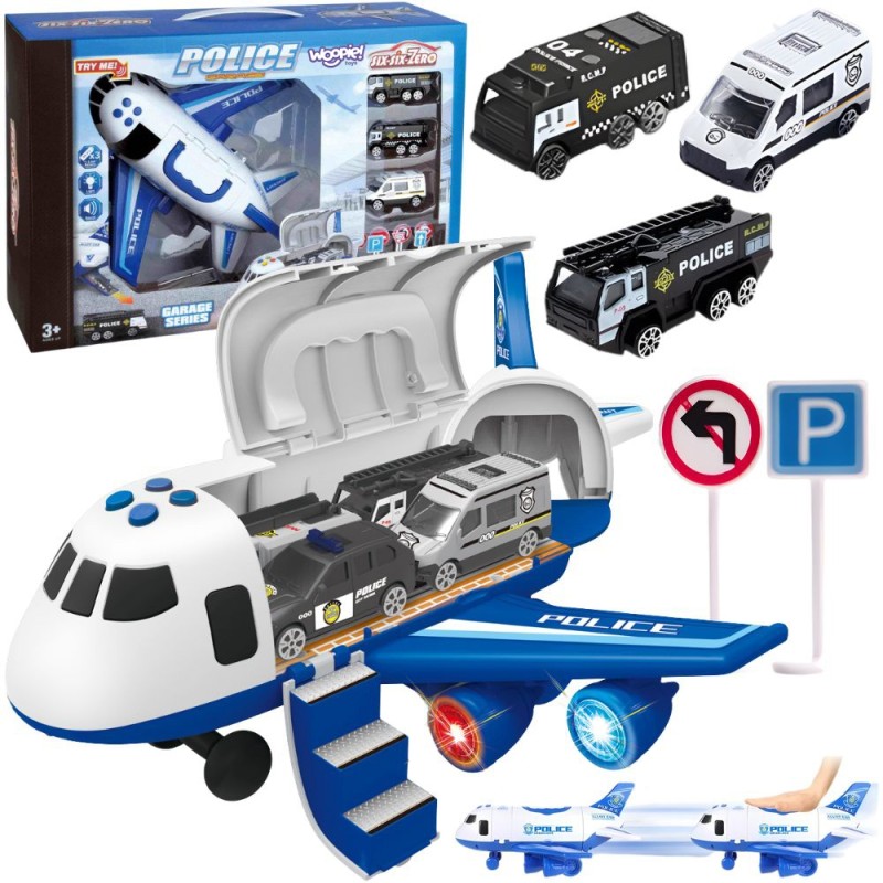 WOOPIE Samolot Rozkładany Transporter Policja z 3 Autami Policyjnymi Zestaw XL Znaki Drogowe