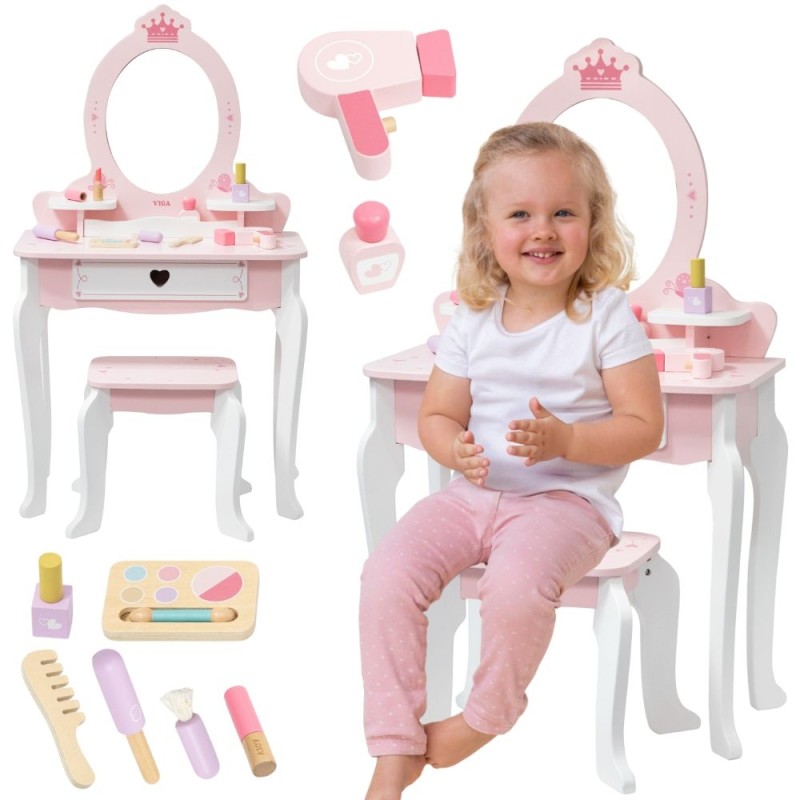 VIGA Duża Toaletka Drewniana Biało-Różowa z Lustrem i Krzesełkiem