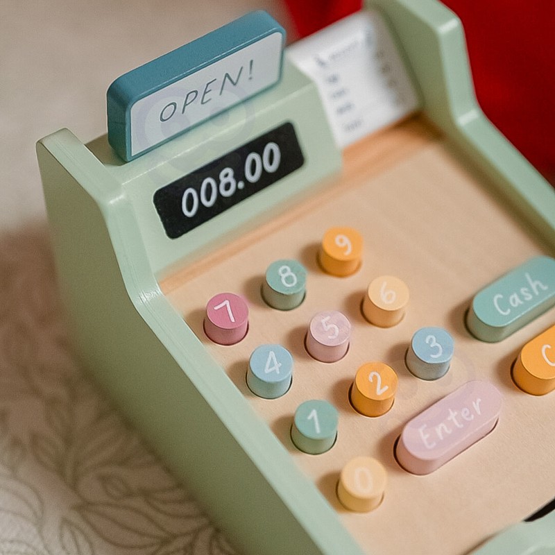 WOOPIE GREEN Drewniana Kasa Sklepowa Edukacyjna z Akcesoriami 23 el. FSC