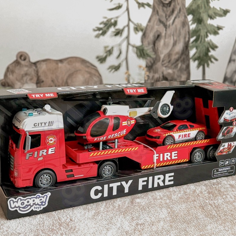 WOOPIE Zestaw Pojazdów Laweta Strażacka Helikopter Samochód Dźwięk Światła