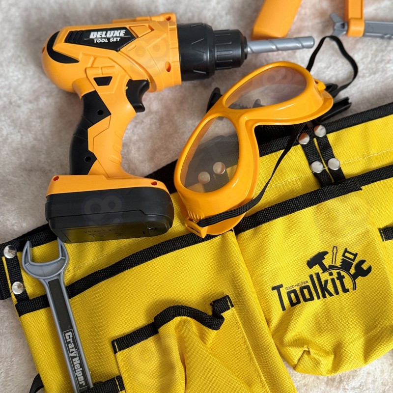 WOOPIE Zestaw Narzędzi Małego Majsterkowicza Gogle Wkrętarka Pas Na Narzędzia 16el.