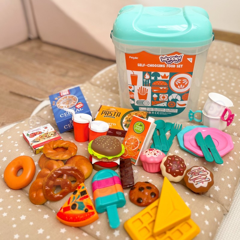 WOOPIE Zestaw XL Jedzenia do Zabawy Produkty Spożywcze Fast Food Słodycze Ciastka Sztucice w Wiaderku 40 el.