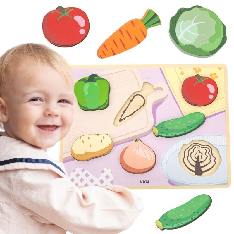 VIGA Drewniane Puzzle Układanka Montessori 2w1 Figurki Warzywa
