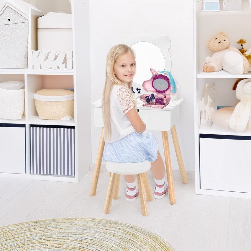 Viga Drevený toaletný stolík s príslušenstvom – Biely elegantný kútik krásy