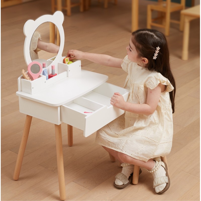 Viga Drevený toaletný stolík s príslušenstvom – Biely elegantný kútik krásy