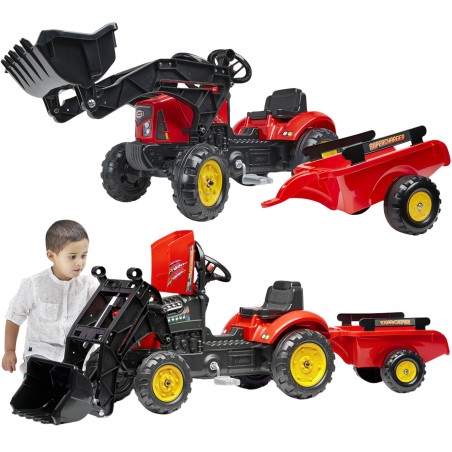 Falk Šliapací traktor Supercharger – Červený s otváracou kapotou, nakladačom a vlečkou