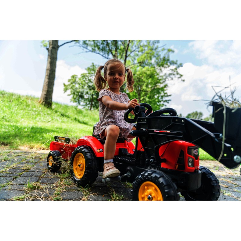 Falk Šliapací traktor Supercharger – Červený s otváracou kapotou, nakladačom a vlečkou