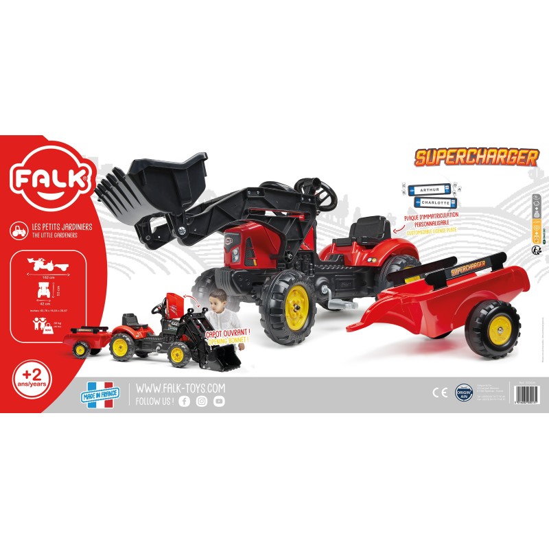 Falk Šliapací traktor Supercharger – Červený s otváracou kapotou, nakladačom a vlečkou
