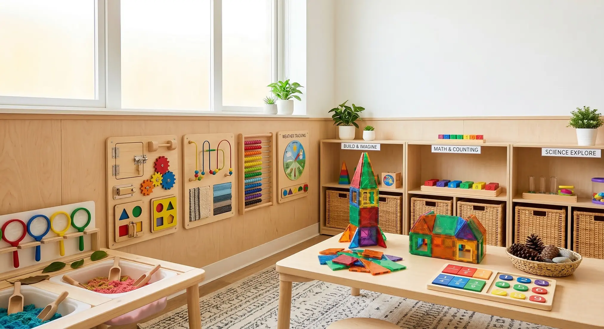 Edukačná herňa s drevenými montessori pomôckami, senzorickými tabuľami a magnetickou stavebnicou pre deti