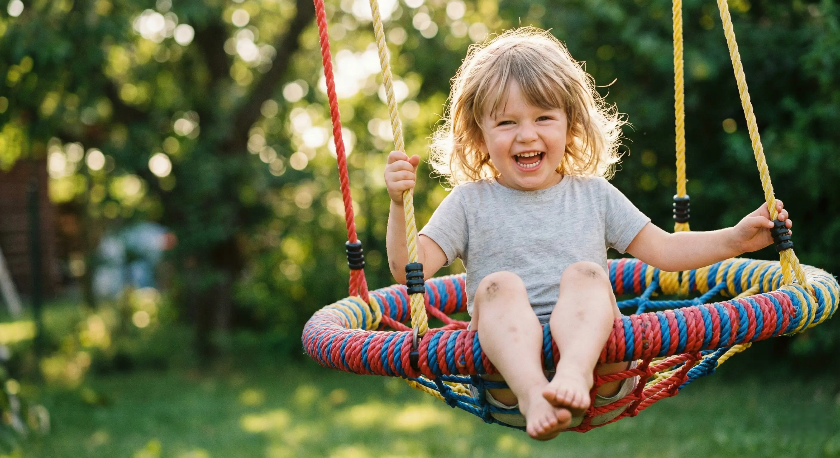 Detailný záber na detskú hojdačku bocianie hniezdo s dieťaťom v slnečnej záhrade